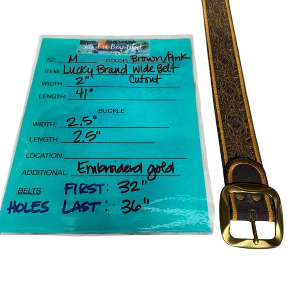 Lucky Brand Wide Belt Leather Embroidered Cutout SZ M Womens Brown Western Boho - Picture 11 of 11